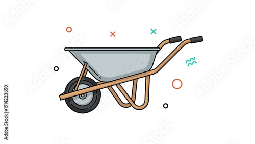Metal wheelbarrow illustration for gardening and construction features a single black wheel and handles among colorful abstract shapes.
