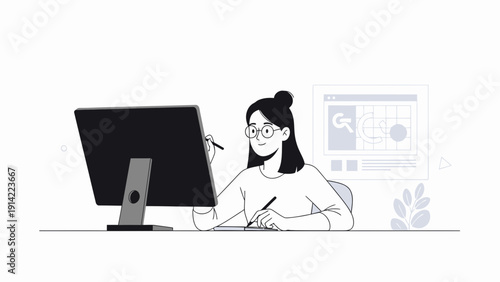 Woman designer working on computer with graphic tablet and stylus, creating digital art