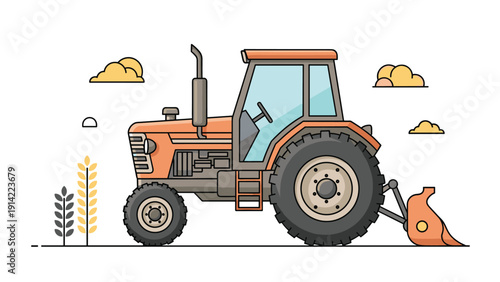 Orange tractor with a front loader attachment sits in a field near wheat stalks under a sky with scattered clouds and warm sun.