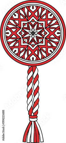 Traditional bulgarian martenitsa with red and white woven pattern and tassel