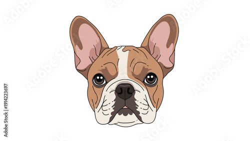 French Bulldog headshot illustration captures its distinctive upright bat ears and large dark eyes on a minimalist white background.