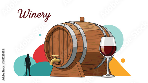 Winery illustration includes a large wooden wine barrel with a metal tap and a full glass of red wine against a colorful background.
