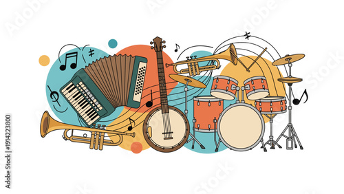 Diverse collection of musical instruments featuring drums, banjo, trumpet, and accordion with floating musical notes for a performance.