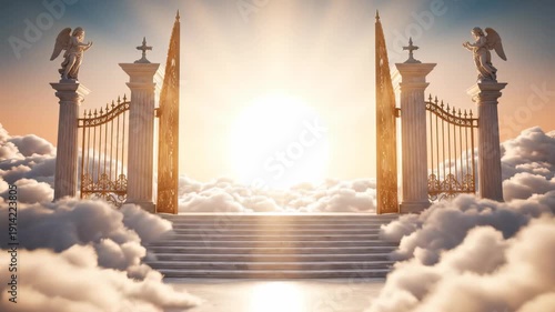 Majestic golden gates of heaven opening above clouds with bright sunlight, concept for religious art illustration, spiritual background design and inspirational poster visuals