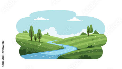 Peaceful natural landscape with a winding river flowing through green meadows and rolling hills under a clear blue sky with clouds.