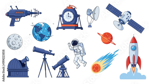 Comprehensive collection of space and astronomy themed icons featuring a rocket, astronaut, telescope, celestial bodies, and technology.