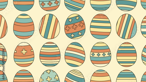 Seamless background pattern of colorful decorated Easter eggs with stripes and geometric patterns for holiday celebrations.