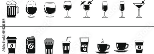 Set of beverage and drink icons including beer mugs, wine glasses, cocktails, coffee cups and soda cans in black silhouette vector style