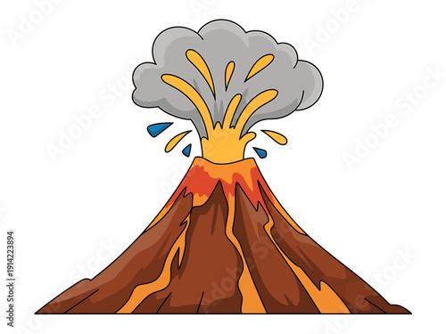Cartoon illustration of erupting volcano with lava and smoke  natural disaster scene