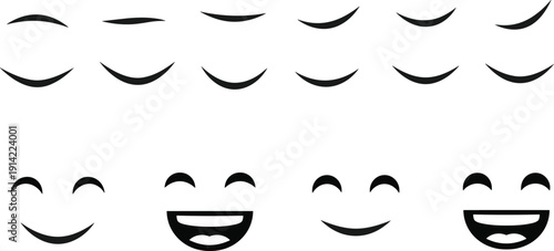 Smile mouth and closed eyes icon set featuring happy facial expression elements, cartoon grin silhouettes and minimalist emoji vector collection.