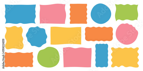 Colorful abstract shapes stickers set with wavy edges on white background