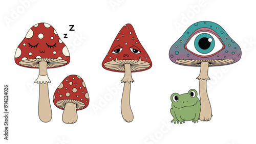Group of whimsical fantasy mushrooms with sleepy and sad facial expressions accompanied by a large eye mushroom and a small frog.