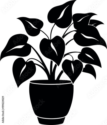 Jade Pothos Indoor Houseplant Silhouette Botanical Illustration in Pot
