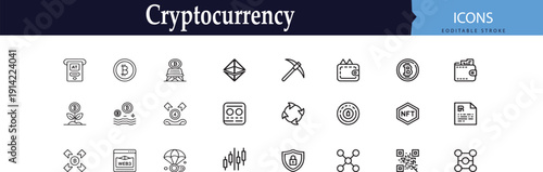 Cryptocurrency digital money line icon set, blockchain technology vector symbols