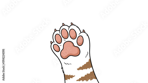 Close up view of a domestic cat paw with white fur, brown stripes, and soft pink paw pads with sharp claws slightly visible.