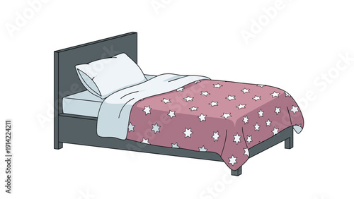 Comfortable single bed with a dark grey headboard, white linens, and a pink starry blanket for a cozy bedroom interior.