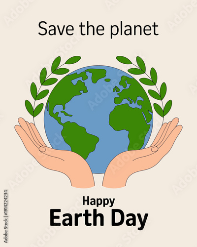 Hands holding Earth globe with leaves on beige background for Earth Day campaign