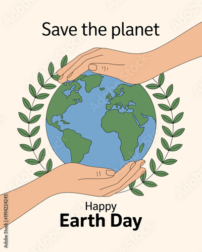 Hands holding the Earth globe with leaves on beige background  Save the planet