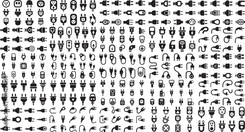 Collection of various electrical plug and socket icons on white background