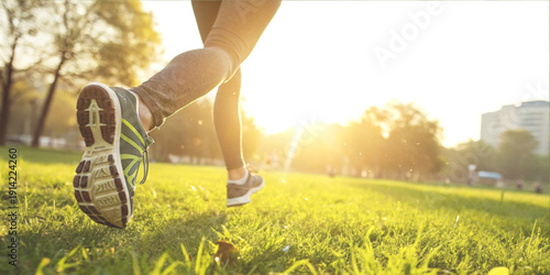 Exercise lifestyle for maintaining leg health of a runner running on grass in the morning in a public park