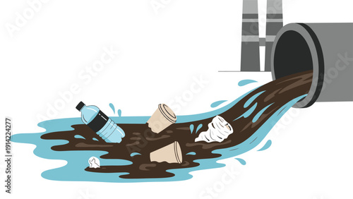 Environmental pollution scene showing dark contaminated water and plastic waste flowing from an industrial pipe into a body of water.