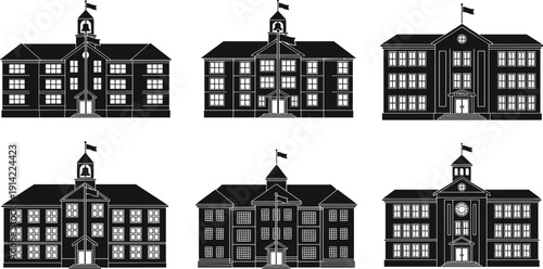 Vector illustrations of school buildings with towers, windows, and entrances in black and white, perfect for education, architecture, design, and institutional projects