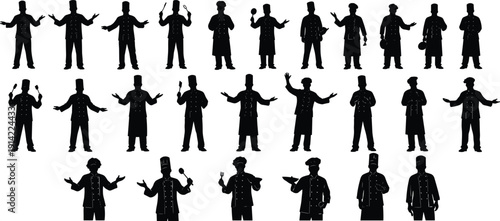 Vector silhouettes of chefs in traditional hats and uniforms holding kitchen utensils, symbolizing cooking, culinary arts, 