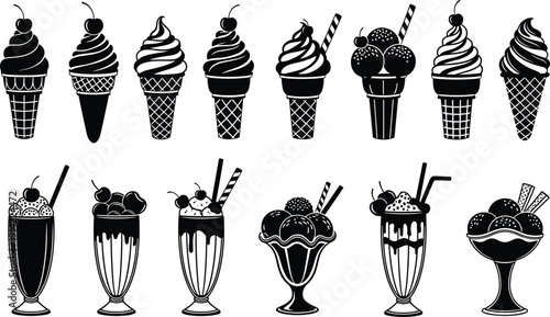 Collection of black and white vector ice cream cones, sundaes, and milkshakes with decorative toppings, perfect for food design, menu artwork, and dessert illustration projects