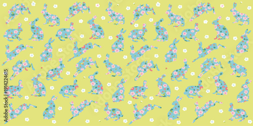 Photos Elegant background seamless pattern with flowers and little rabbits