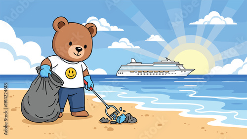 Friendly brown bear wearing a smiley face t-shirt and blue gloves picks up trash on a beach near the ocean with a cruise ship in the distance.