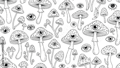 Psychedelic black and white line art pattern featuring trippy mushrooms with eyes and human eyeballs floating in a surreal dreamlike space.