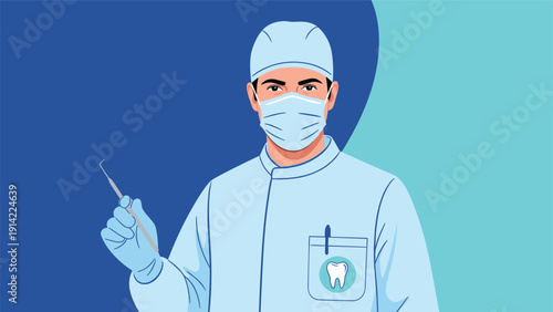 Male dental professional wearing a blue scrub suit, cap, and protective face mask while holding a metal dental tool in a clinical setting.