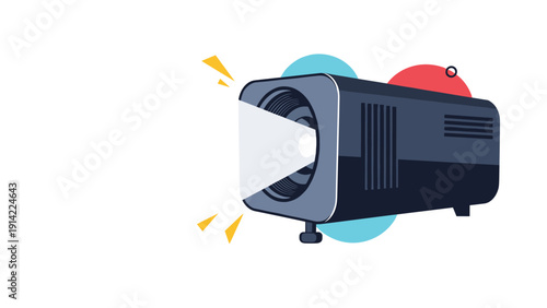 Professional digital projector casting a bright beam of light against a dark background with colorful circles and simple graphic elements.