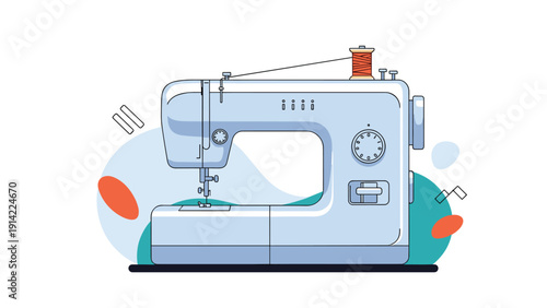 Modern electric sewing machine with a spool of red thread and decorative abstract shapes in the background for textile craft concepts.