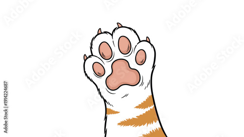 Close up illustration of a fluffy cat paw with pink pads and sharp claws extended against a clean white background showing orange stripes.