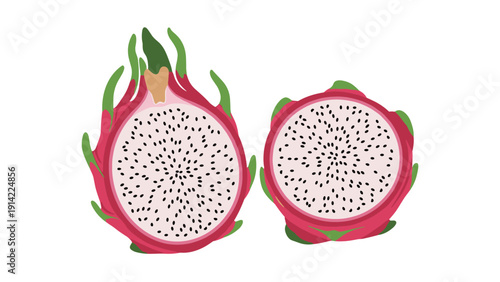 Vibrant pink dragon fruit shown both whole and sliced in half to reveal the white flesh with black seeds against a clean white background.