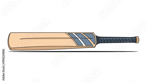 Traditional wooden cricket bat with a blue patterned sticker on the face and a black wrapped handle resting horizontally on a white background.