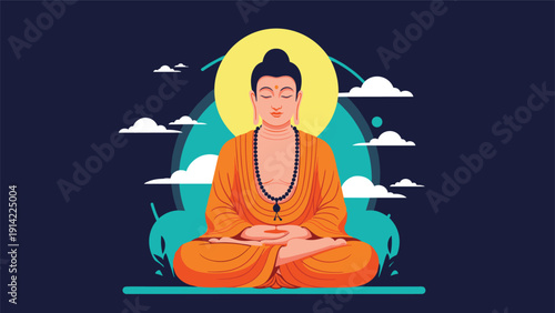 Peaceful Buddha sitting in a meditative lotus position with a halo and white clouds against a dark blue background in a serene vector art style.