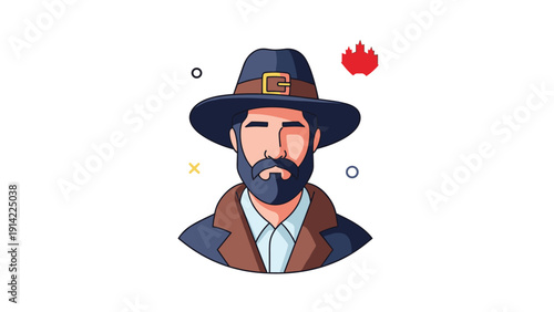 Portrait of a man with a dark beard and mustache wearing a wide brimmed hat and a brown coat against a white background with simple shapes.