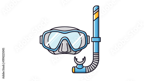 Blue and gray snorkel mask with a breathing tube and yellow details shown in a flat vector illustration for summer vacation and diving themes.
