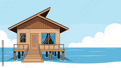 Beautiful wooden beach house on stilts over the ocean water with a blue sky and white clouds in a peaceful tropical vacation setting.