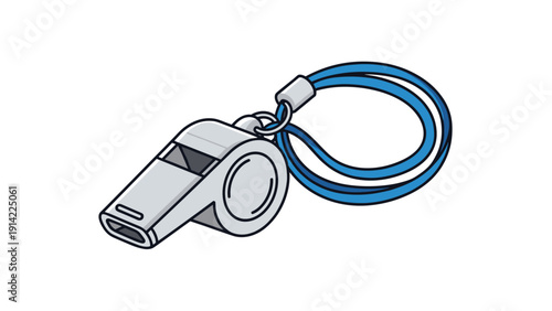 Shiny silver metal whistle with a blue lanyard attached shown at an angle against a white background for sports and safety concepts.