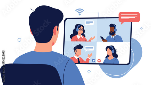 Man seen from behind looking at a tablet screen during a video conference call with four people in a modern digital communication scene.