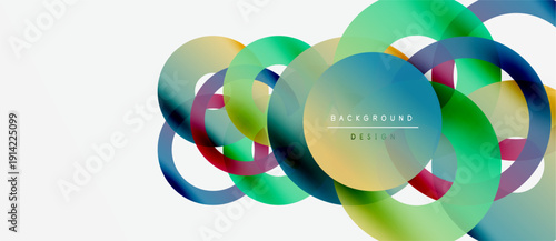 Abstract colorful circles overlap, creating dynamic visual effect. Modern design elements suggest innovation, energy, fluidity.