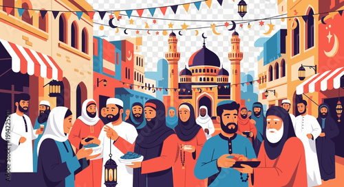 People in traditional clothing celebrate in a decorated street with mosques.