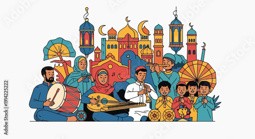 Diverse group of people celebrating with traditional music and Islamic architecture.