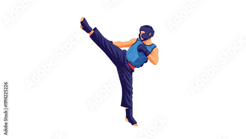 Athlete in blue protective gear performs a high kick demonstrating skill and power in a martial arts competition.