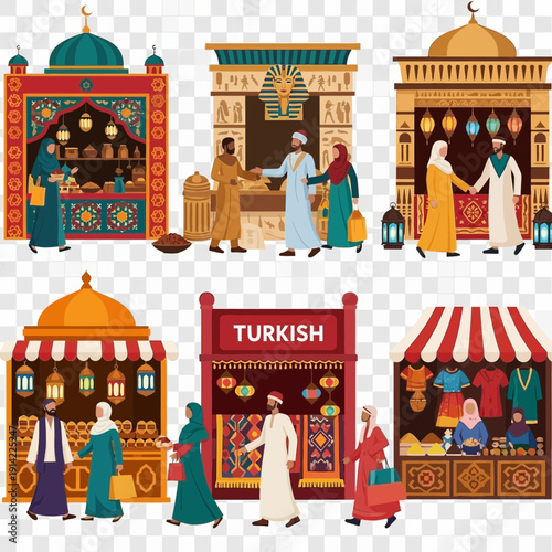 People at market stalls with Middle Eastern architecture and goods.