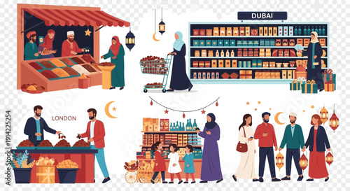 People shopping at market stalls and a grocery store.