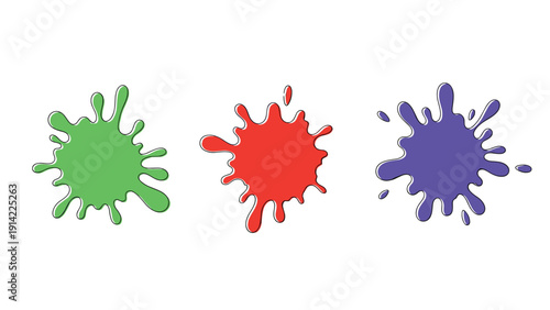 Three vibrant splats of green, red, and purple paint create a messy and artistic splash on a clean white surface.